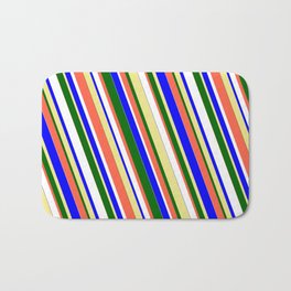 [ Thumbnail: Vibrant Blue, Tan, Dark Green, Red, and White Colored Stripes/Lines Pattern Bath Mat ]