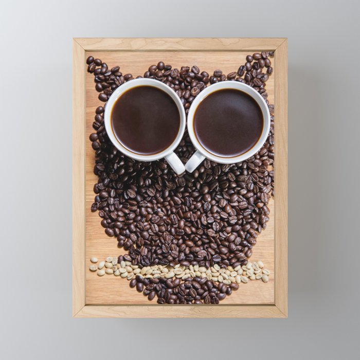 Owl made of coffee beans brown floor Framed Mini Art Print