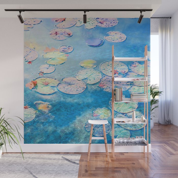 lily pad leaves painted impressionism style in blue Wall Mural