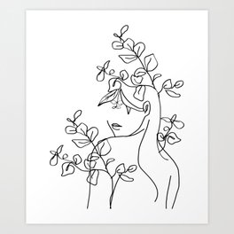Minimal Line Art Woman with Flowers Art Print