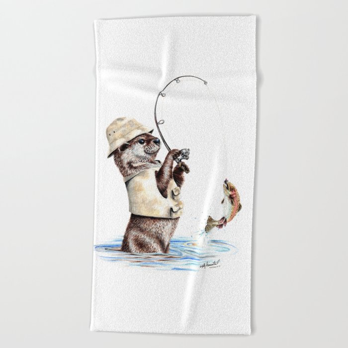 " Natures Fisherman " fishing river otter with trout Beach Towel