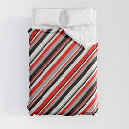 [ Thumbnail: Red, Dark Grey, Black, and Mint Cream Colored Lined Pattern Duvet Cover ]