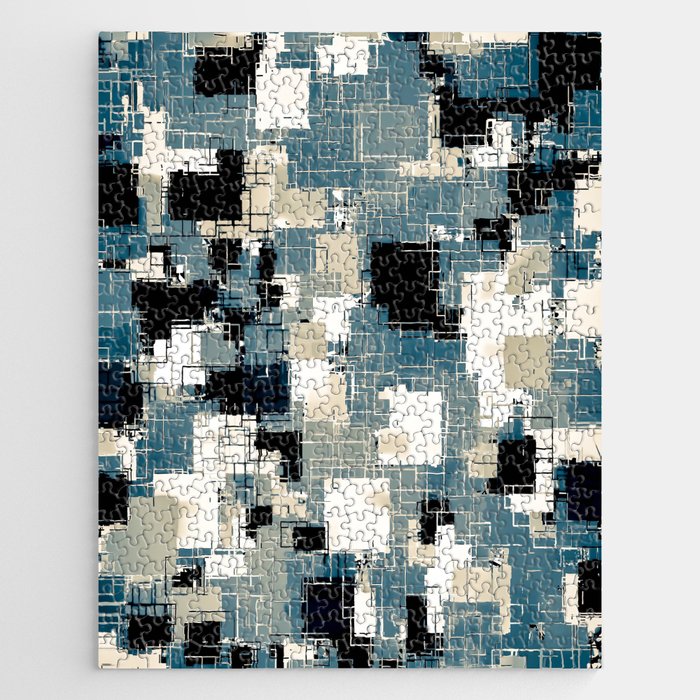 geometric pixel square pattern abstract background in blue black and white Jigsaw Puzzle