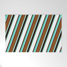 [ Thumbnail: Brown, Turquoise, White, and Black Colored Lines/Stripes Pattern Welcome Mat ]