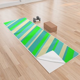 [ Thumbnail: Lime, Light Sea Green, Pale Goldenrod & Turquoise Colored Stripes/Lines Pattern Yoga Towel ]