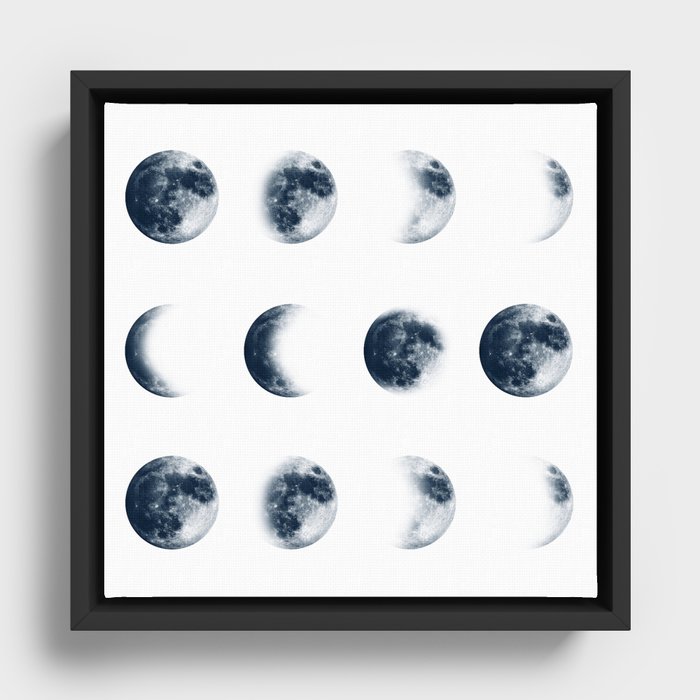 Moon Phases | Blue Watercolor Art Framed Canvas