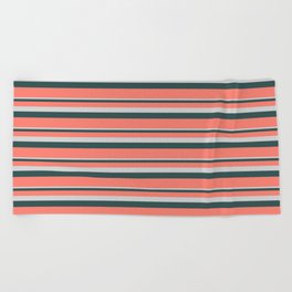 [ Thumbnail: Light Grey, Dark Slate Gray & Salmon Colored Stripes/Lines Pattern Beach Towel ]