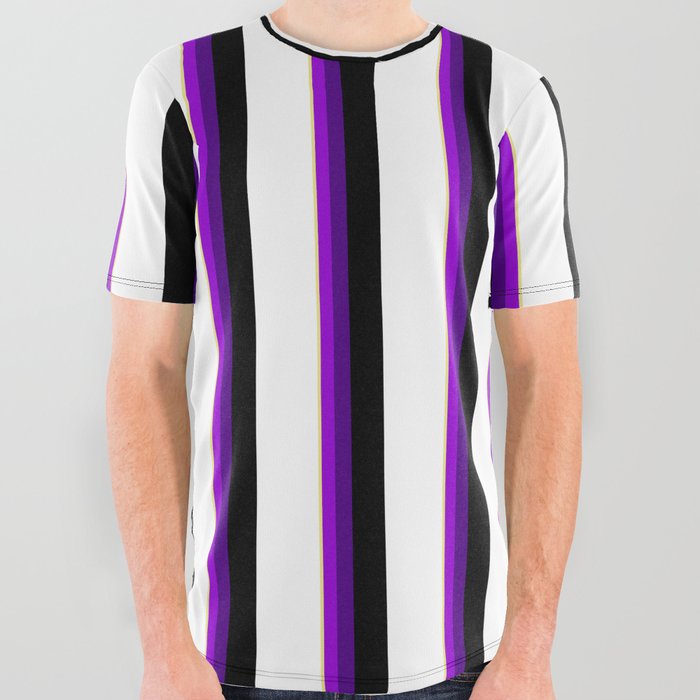 Vibrant Tan, Dark Violet, Indigo, Black, and White Colored Pattern of Stripes All Over Graphic Tee