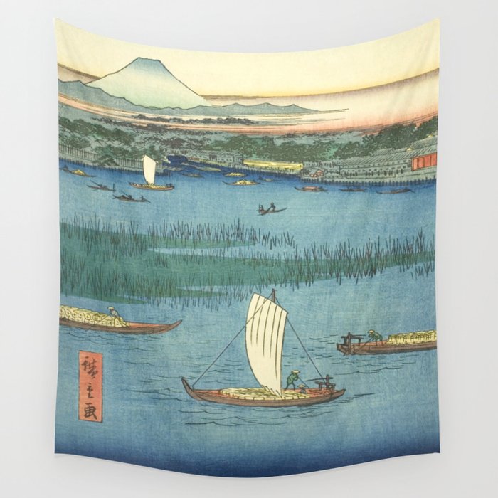 Utagawa Hiroshige - Mount Fuji Seen From Mitsumata - Vintage Japanese Woodblock Print 1857 Wall Tapestry