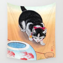 Cat and Fishbowl by Ohara Koson Wall Tapestry