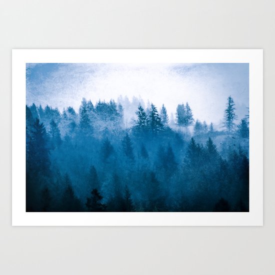 Blue Winter Day Foggy Trees Art Print