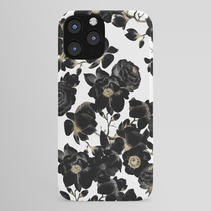 Modern Elegant Black White and Gold Floral Pattern iPhone Case