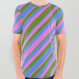 [ Thumbnail: Green, Cornflower Blue & Violet Colored Striped Pattern All Over Graphic Tee ]