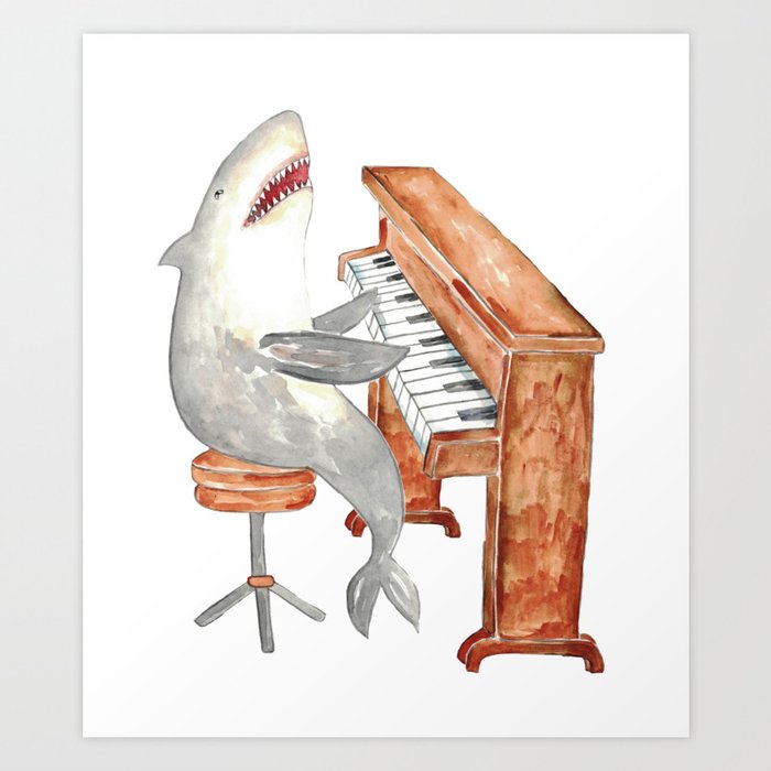 Shark piano watercolor painting Art Print