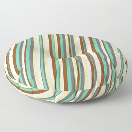 [ Thumbnail: Vibrant Aquamarine, Dim Grey, Pale Goldenrod, Mint Cream, and Brown Colored Lined Pattern Floor Pillow ]