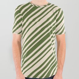 [ Thumbnail: Beige & Dark Olive Green Colored Pattern of Stripes All Over Graphic Tee ]