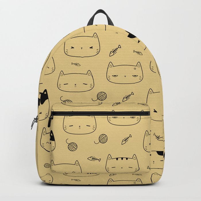 Tan and Black Doodle Kitten Faces Pattern Backpack