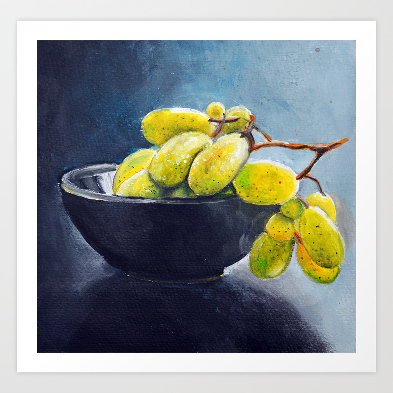 Painting Of Yellow Grapes In A Fruit Bowl Illustration Art Print