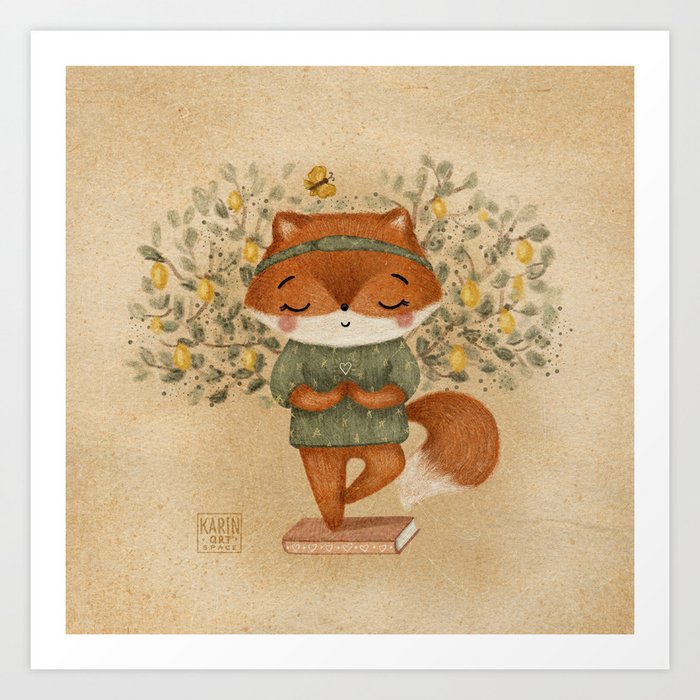 Cute Fox Doing Yoga // Keep Balance Art Print