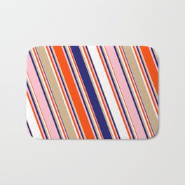 [ Thumbnail: Colorful Red, White, Tan, Midnight Blue, and Pink Colored Lines/Stripes Pattern Bath Mat ]