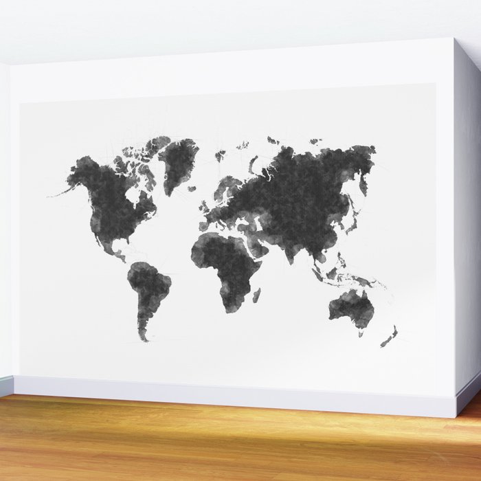 World Map Black Sketch Of The Wall Art Poster Decal Earth Atlas Geography Mural