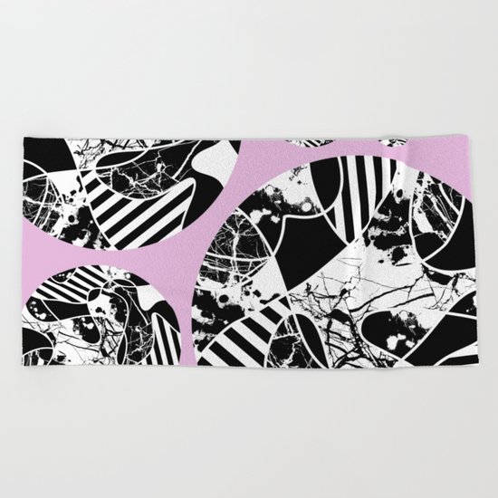 Black And White Bubbles 2 - Multi patterned, multi textured stripes, paint splats and marble on pink Beach Towel