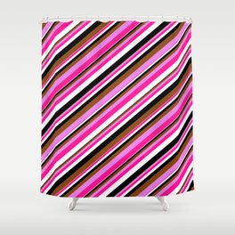 [ Thumbnail: Vibrant Brown, Violet, Deep Pink, White, and Black Colored Striped Pattern Shower Curtain ]
