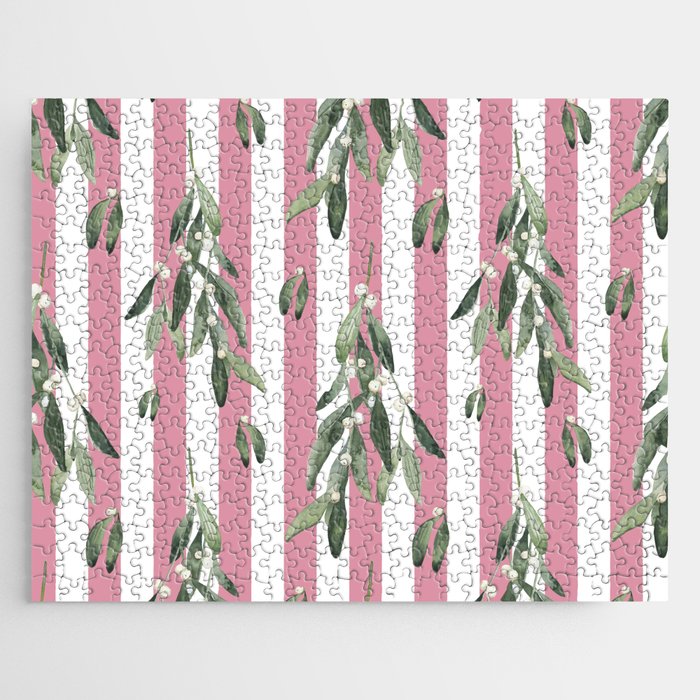 Watercolor Mistletoe Branches on Stripes Blush Rose Jigsaw Puzzle