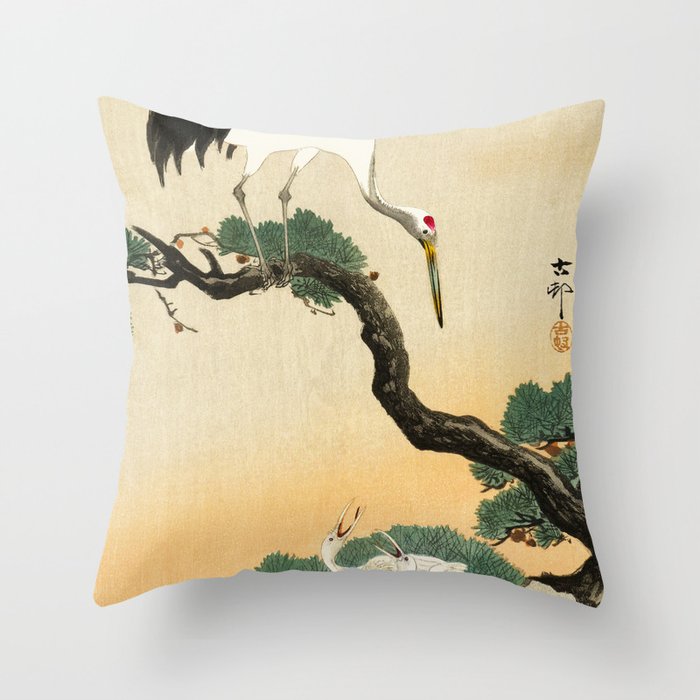 Crane and its chicks on a pine tree  - Vintage Japanese Woodblock Print Art Throw Pillow