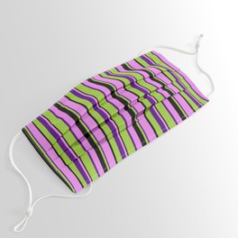 [ Thumbnail: Green, Indigo, Violet, and Black Colored Lines/Stripes Pattern Face Mask ]