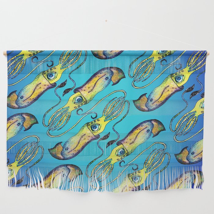 squid pattern on blue background  Wall Hanging