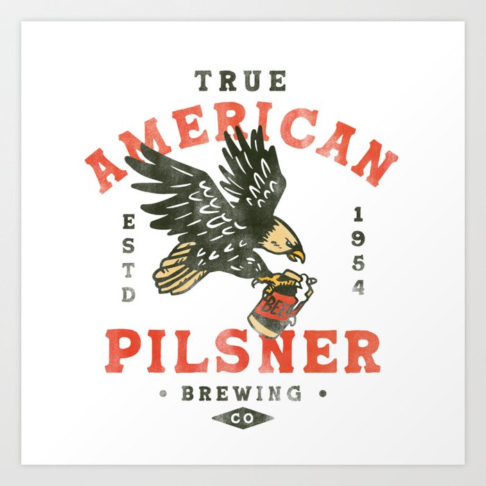 "True American Pilsner Brewing Co" Cool Retro Beer Shirt Design Featuring An Eagle Art Print