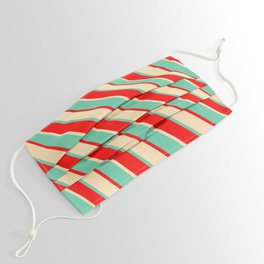 [ Thumbnail: Aquamarine, Red & Beige Colored Stripes Pattern Face Mask ]