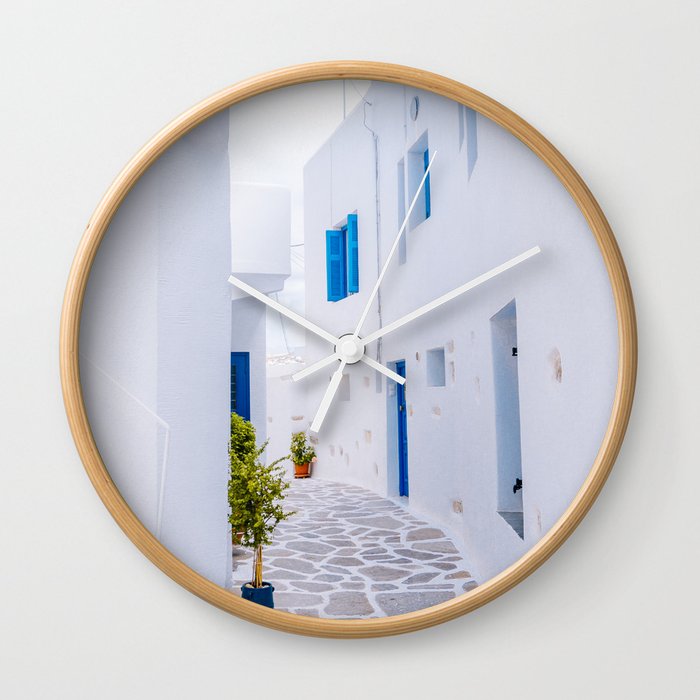 Alleyway in Greece | White Blue Bright Photograph in the Streets of the Greek Island Wall Clock
