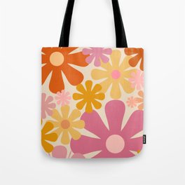 Retro 60s 70s Flowers Thulian Pink Orange Cream Pattern Tote Bag