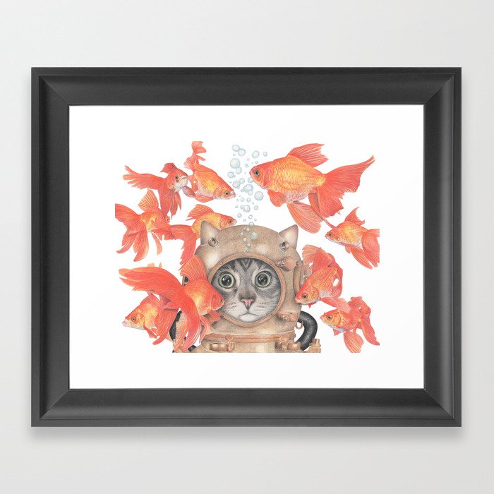 Scuba Cat Among the Fishes Framed Art Print