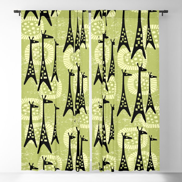 Mid Century Modern Giraffe Pattern Black and Chartreuse Blackout Curtain