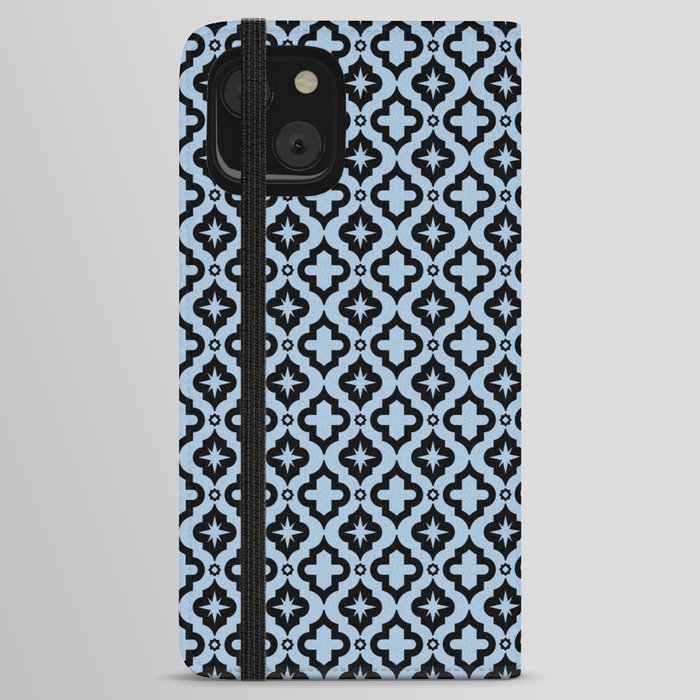 Pale Blue and Black Ornamental Arabic Pattern iPhone Wallet Case