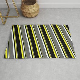 [ Thumbnail: Mint Cream, Dim Gray, Yellow, and Black Colored Stripes Pattern Rug ]