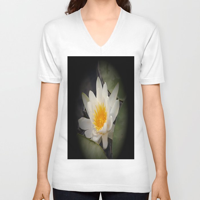 White Waterlily On A Dark Background #decor #society6 #buyart V Neck T Shirt