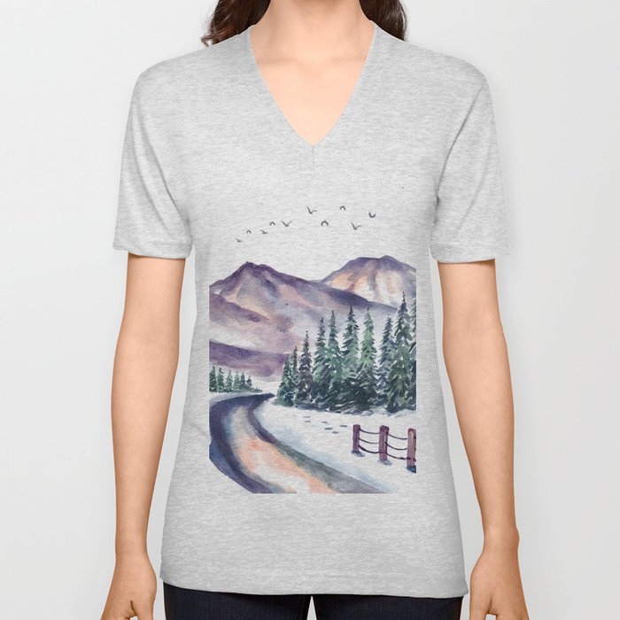 Winter Landscape With Mountain And Pine Trees Watercolor V Neck T Shirt
