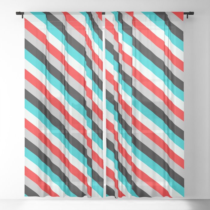 Eye-catching Dark Turquoise, Mint Cream, Red, Grey, and Black Colored Lines/Stripes Pattern Sheer Curtain