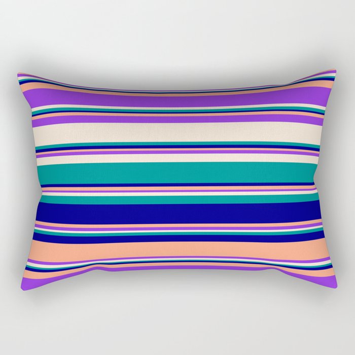 Eyecatching Light Salmon, Purple, Beige, Dark Cyan & Blue Colored Lined/Striped Pattern Rectangular Pillow