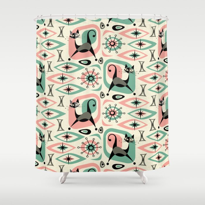 Mid Century Cat Abstract - Pink Aqua Shower Curtain