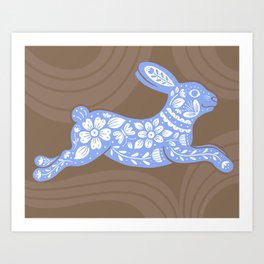 Rabbit Run - Periwinkle Blue & Brown Art Print