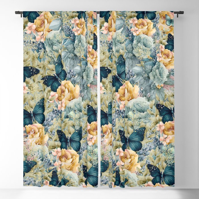Blue Butterfly Chintz Floral Blackout Curtain