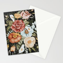 Roses and Poppies Bouquet on Charcoal Black Stationery Card