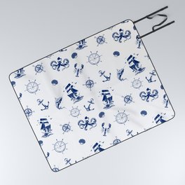 Blue Silhouettes Of Vintage Nautical Pattern Picnic Blanket