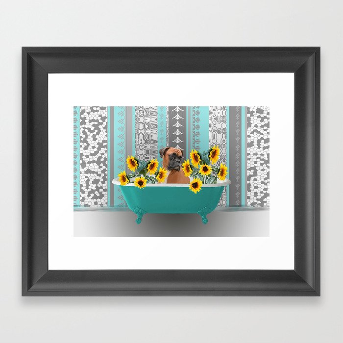 Turquoise Bathtub with Boxer dog and sunflowers Framed Art Print