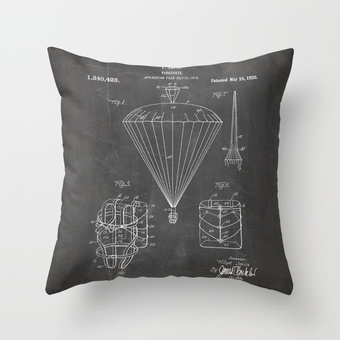 Parachute Patent - Sky Diving Art - Black Chalkboard Throw Pillow